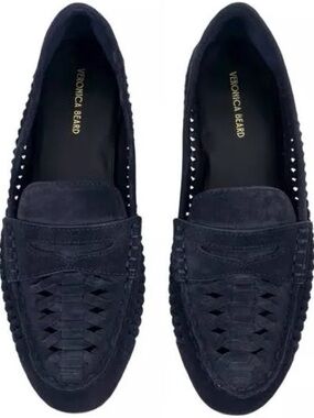 Veronica Beard Navy Suede Woven Penny Loafers